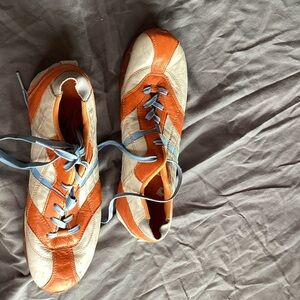 Orange and White Trainer Athletic Shoes with Blue Laces